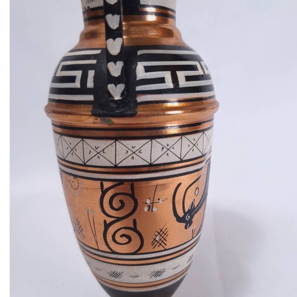 Vintage Greek Copper Vase Urn Amphora‎ Double Handle Hand Painted Deer, 9" Tall - Picture 4 of 10